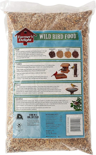 White 53002 Farmer’s Delight Wild Bird Food bag with green and blue birds, sunflower and millet seeds, 10 lb.