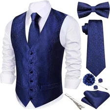 7PCS Mens Wedding Formal Suit Accessories Set Vest Tie Bowtie Pocket Square
