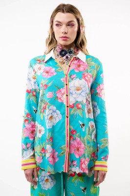 Aratta La Ville Rose Floral Lace Back Shirt Blouse  Small In  Aqua Floral NWT
