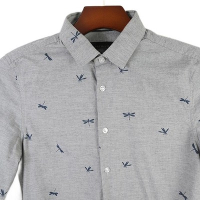 Threadbare Mens Cotton Button Up Heather Gray Dragonfly Dress Shirt Small