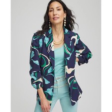 Chico's Floral Print Open Front Blazer Navy Blue Ruched Sleeve Size 2 L 12