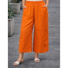 Bryn Walker Linen Wide Leg Crop Pants XL Orange Lagenlook Vacation Elastic