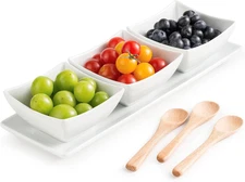 Ceramic Chip and Dip Bowl with Serving Tray and Spoons, 3 Square Sauce Cups Dip 