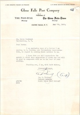 1930 Glens Falls Post Co Business Letter NY Newspaper Publishers