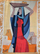 47x32" Handwoven Egyptian Wool Tapestry, Woman Carrying Bread Wall Hanging, Folk