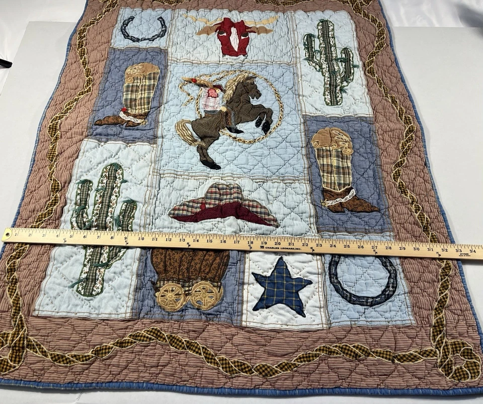 VTG Patch Magic Western Cotton Baby Quilt Throw Rodeo Cowboy Cactus Horse 33X41 - Image 3 of 4