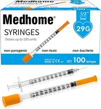 1ml 29G 1/2 Inch Syringe, Lab Syringes Individually Wrapped, Pack of 100 