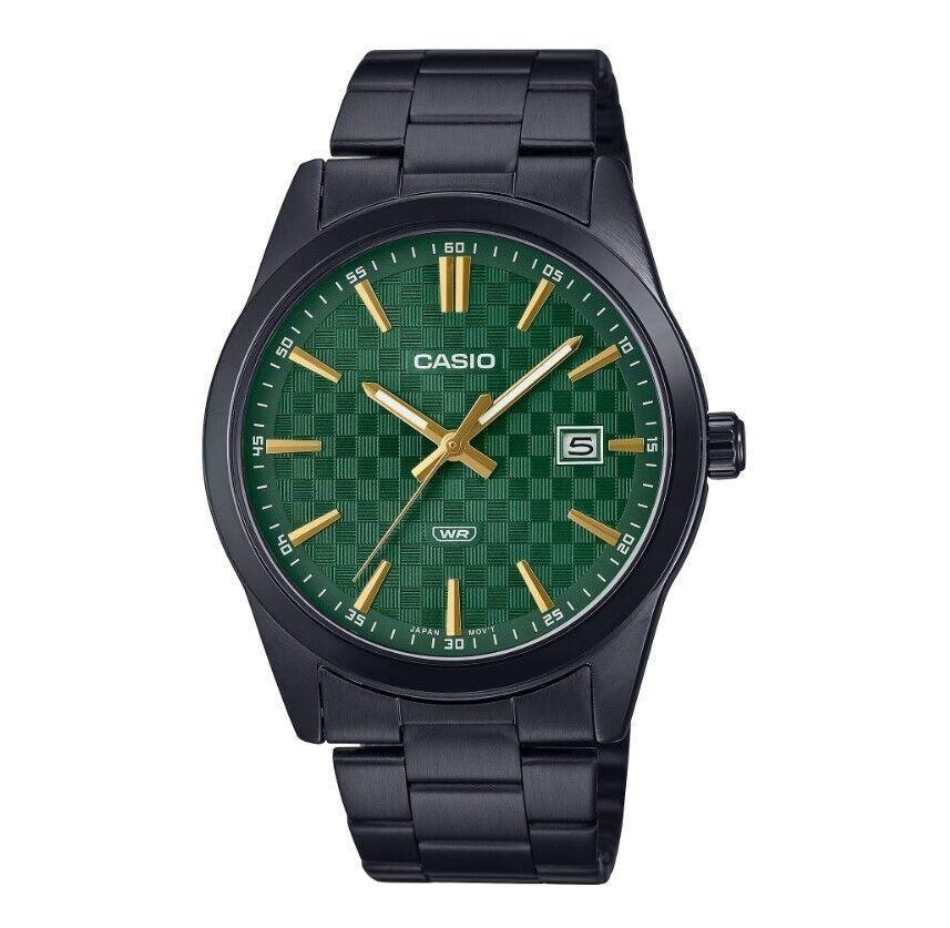 Casio MTP-VD03B-3A Green Analog Black Ion Plated Stainless Steel