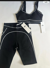 Alo 2-Piece Athleisure Set: Black/White Solid Sports Bra  Leggings, Women  s S