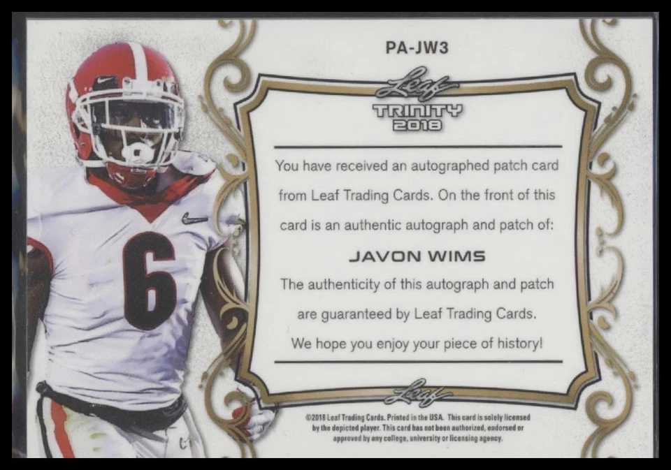 2018 Leaf Trinity #PA-JW3 Javon Wims Patch Auto - Image 2 of 2