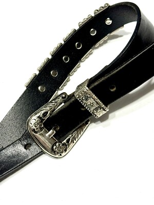 Albatros Vintage Black Leather Belt Silver Studs Buckle Made In