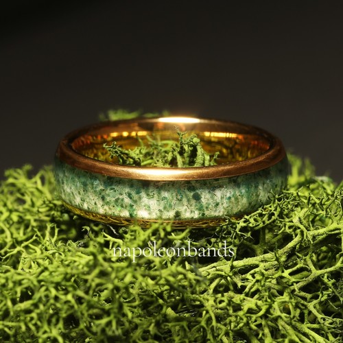 Couples Moss Agate Wedding Band, 8mm & 6mm Yellow Gold Ring Set, Comfort Fit - Imagen 17 de 18