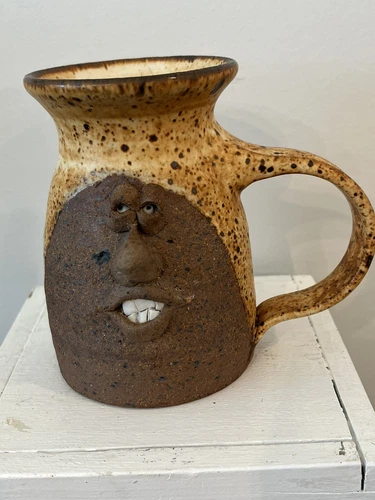 Handmade Ugly Face Mug Studio Pottery Cup Teeth Signed Speckled Glaze READ