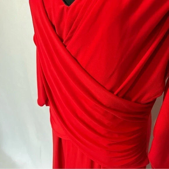 NY Collection Favorecedor Mujer Rojo Imitación Cuello en V Vestido Envolvente con Mangas 3/4. Talla L Foto 3 de 4