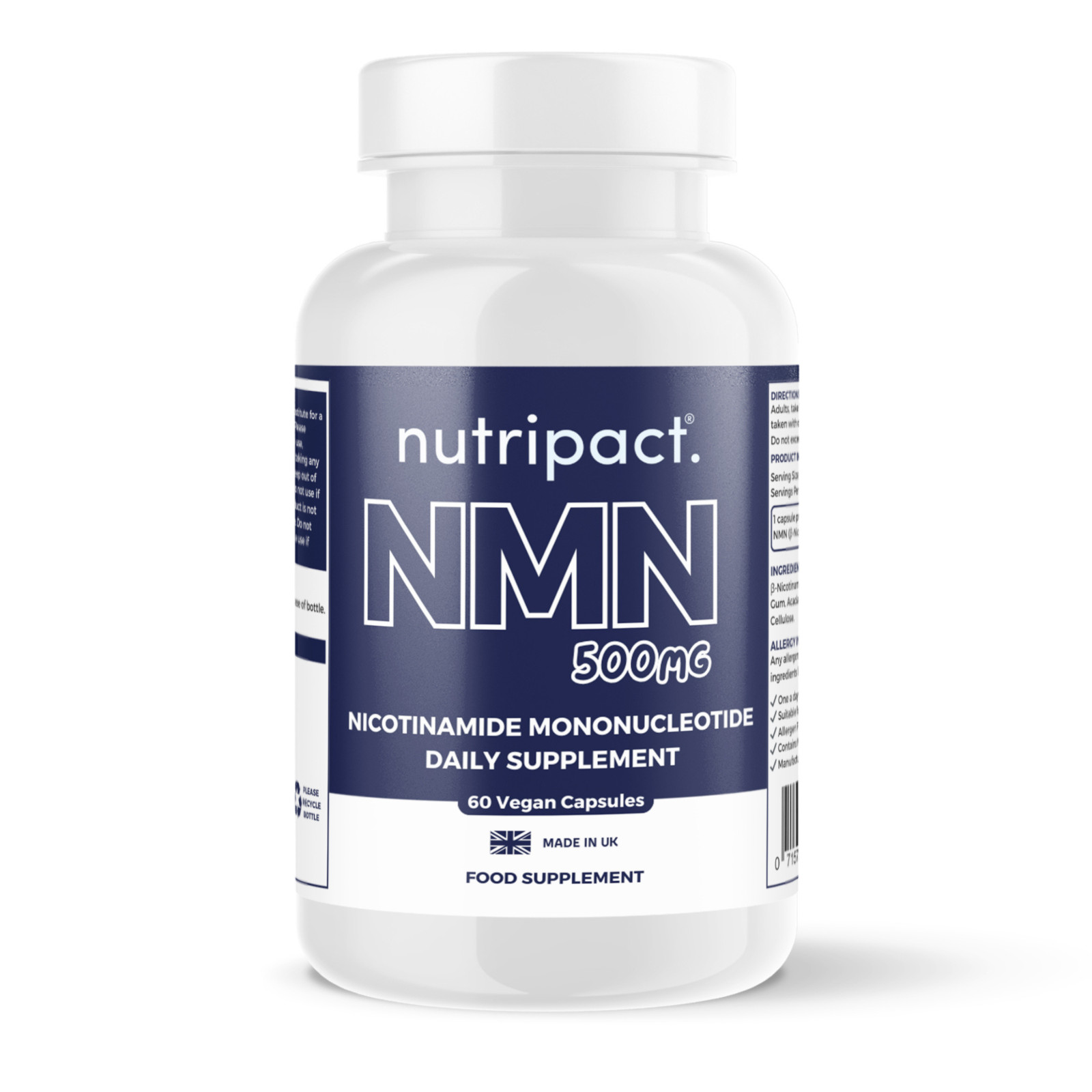 Cápsulas NMN - 99% Puras - 60 Suplementos Veganos - 500 mg por Porción - Hecho en el Reino Unido