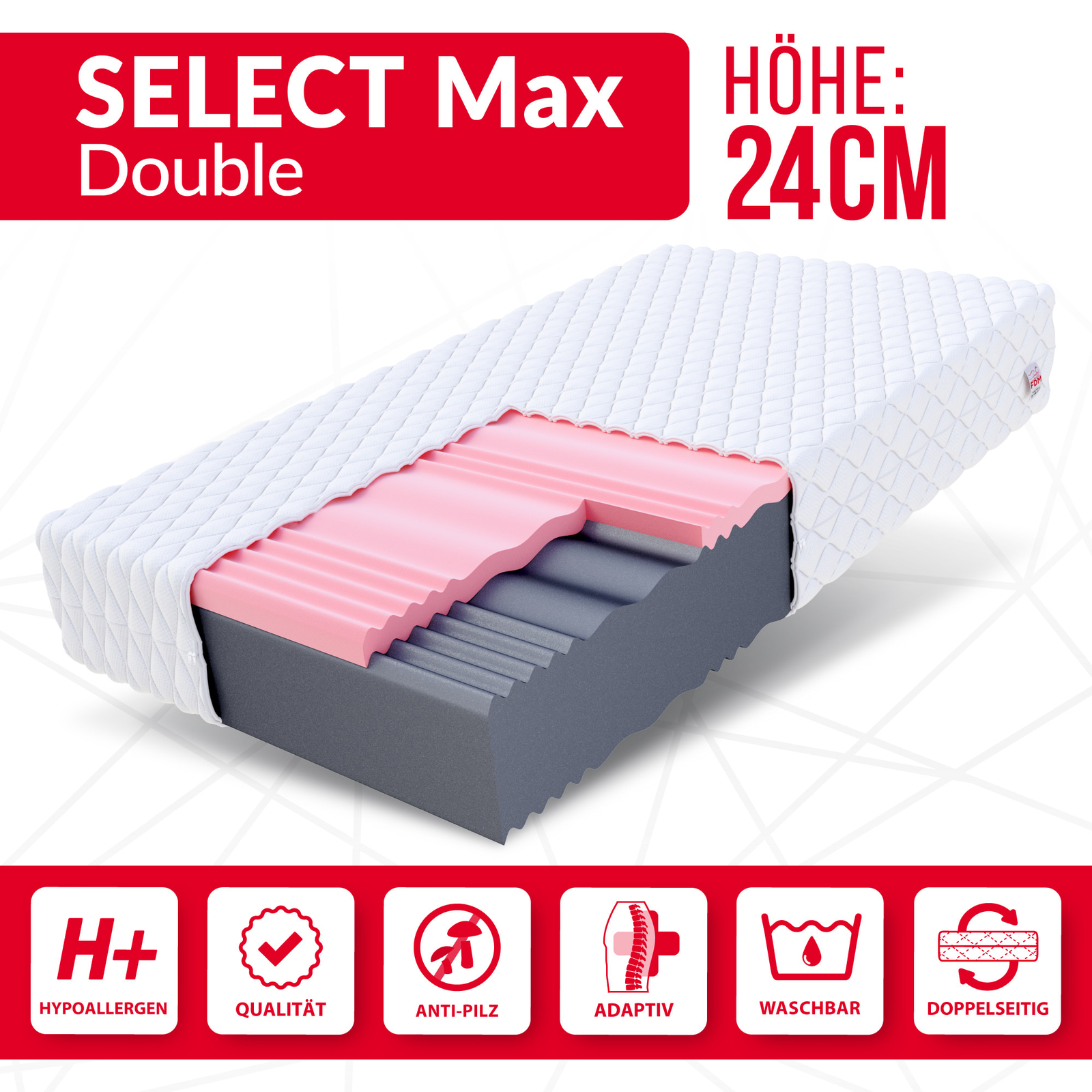 Matelas 160x200 Cm SELECT MAX DOUBLE - Mousse Froide Viscoélastique, Double Densité H3/H4, 24 Cm