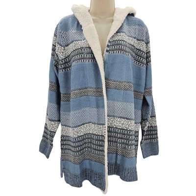 Lety & Me Womans size L Zola Sherpa Trim Hooded Cardigan Sweater Blue Gray NEW