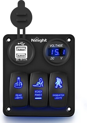 Nilight 3 Gang Rocker Switch Panel USB Charger LED Voltmeter Toggle Switch Panel