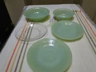 5 Fire King Pieces, 4 Jadite, 1 Clear, 2 Jane Ray & Sheaves of Wheat, Exc. Cond.