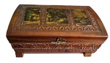 Wooden Jewelry/ Trinket Box 3 Panel Art Handcrafted Mirror Dated 1905 On Bottom