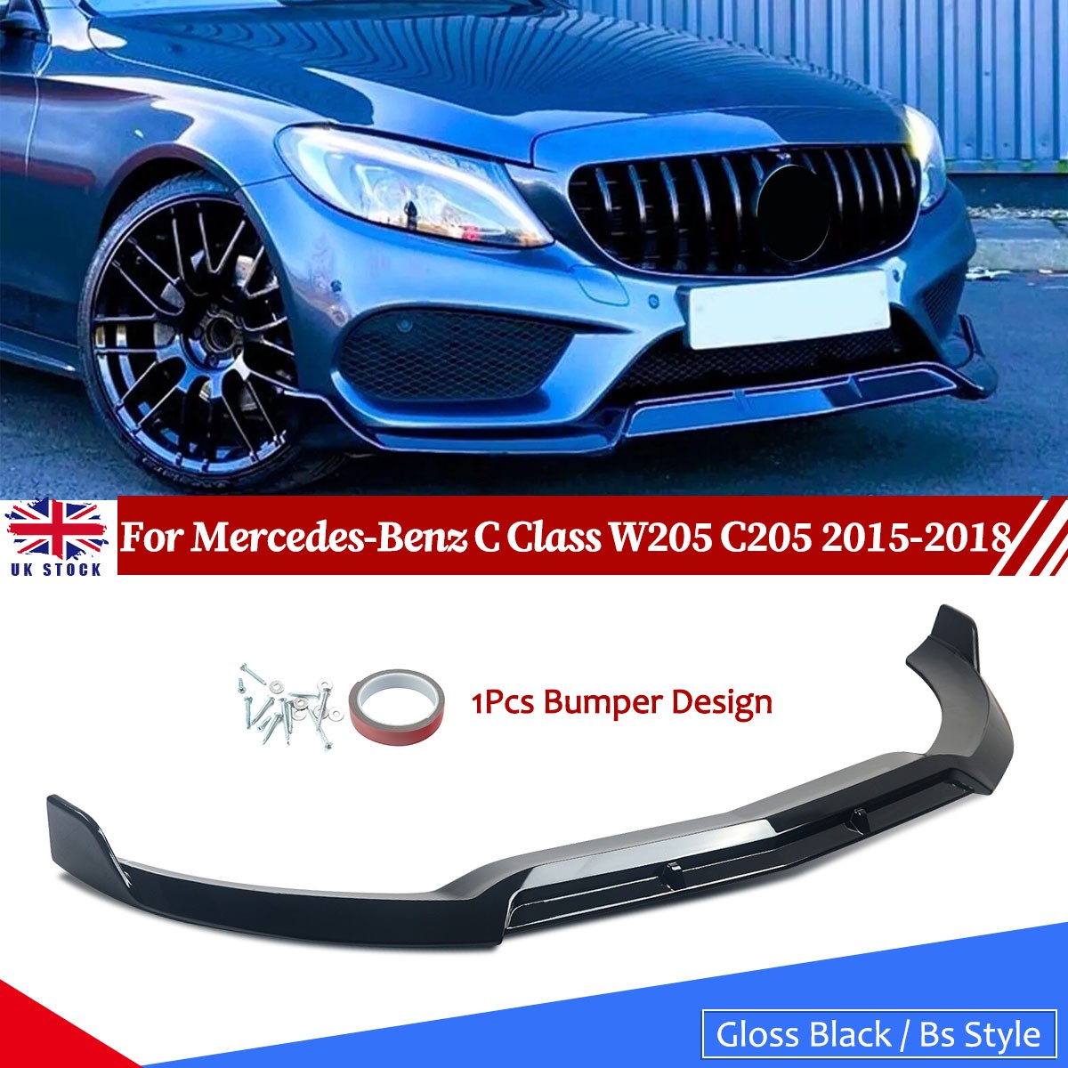 FOR MERCEDES C CLASS W205 C205 AMG 2014+ GLOSS BLACK FRONT LIP SPLITTER SPOILER