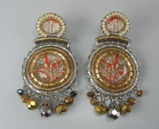 Ayala Bar Earrings 2 1/8" Silver Tone Red Golden Bead Dangle Post