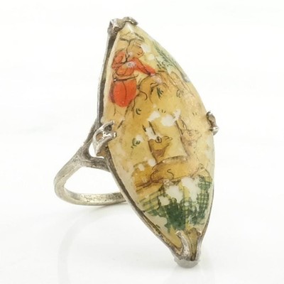 Chinese Export Silver Ring MOP Hand Painted Low Purity Silver Size 3 1/2