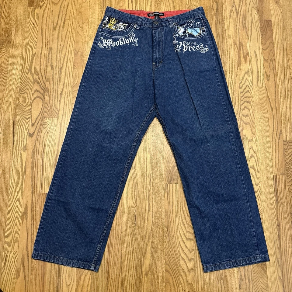 Pantalones de mezclilla vintage Brooklyn Express para 36x32 holgados sueltos bordados Y2K de colección Foto 2 de 4