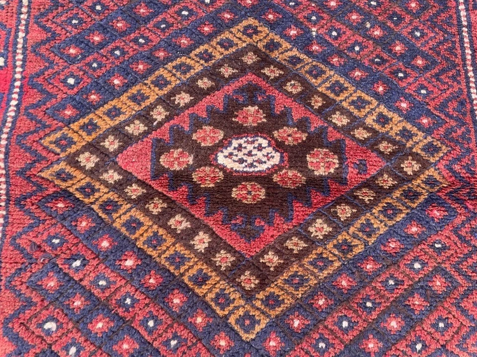 Handmade Afghan Baluchi Wool Rug 4.5x4.0 ft Red Tribal Oriental Carpet Area Rug - Image 4 of 4