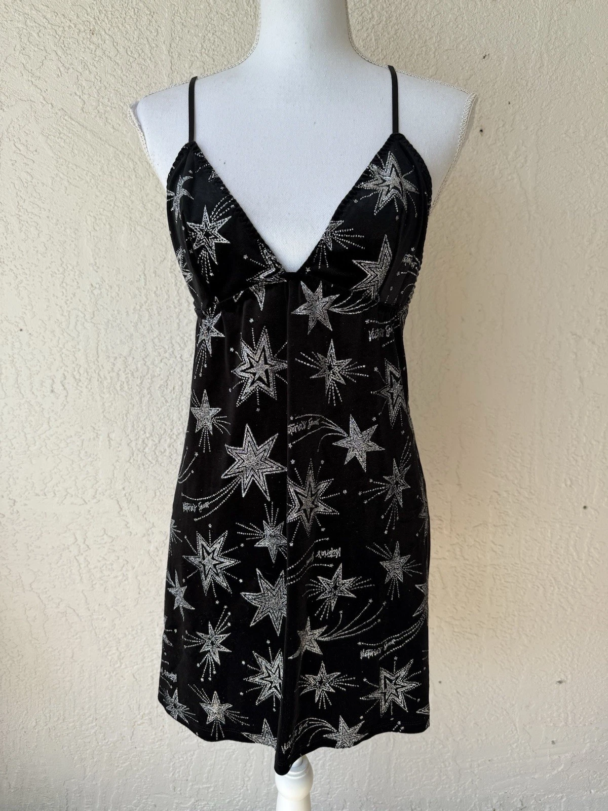UNDERCOVER Abito sexy Victoria’s Secret NUOVO nero metallizzato stampa stella logo cami velluto M