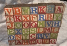 VTG Alphabet ABC Wooden Toy Children  s Blocks W Animals, Words, Numbers 49 Pc