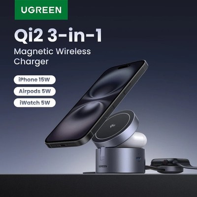 UGREEN 25W Qi2 Magnetic Wireless Charger Stand 3-in-1 Magsafe For iPhone AirPods