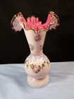 Fenton Hand Painted Milk Glass Peach Crest Vase - Charleton Roses & Bows Design