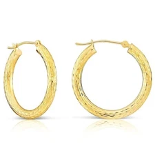 14K Solid Yellow Gold Hand Engraved Full Diamond-Cut Chunky Hoop Earrings 20-50M