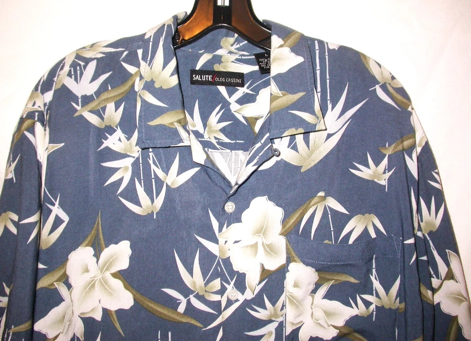 Camisa hawaiana vintage Oleg Cassini para hombre talla grande flores azules y blancas Foto 2 de 4