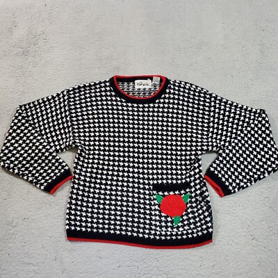 Vintage Knit Works Sweater Womens Medium Black White Rose Pocket 80s Long Sleeve