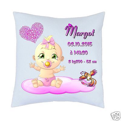 coussin naissance bébé fille REF 51 AVEC texte prenom personnalisé