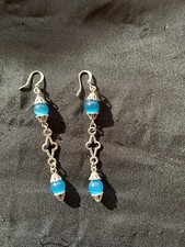 Blue Mexican Bead And Tibetan Silver Long Eagle Earrings One Of A Kind