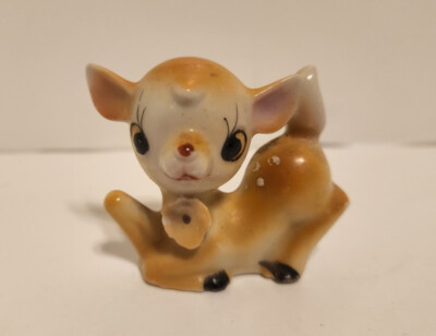 Vintage Anthropomorphic DEER Fawn Figurine MCM Ceramic Kitsch Big Eyes JAPAN 2''