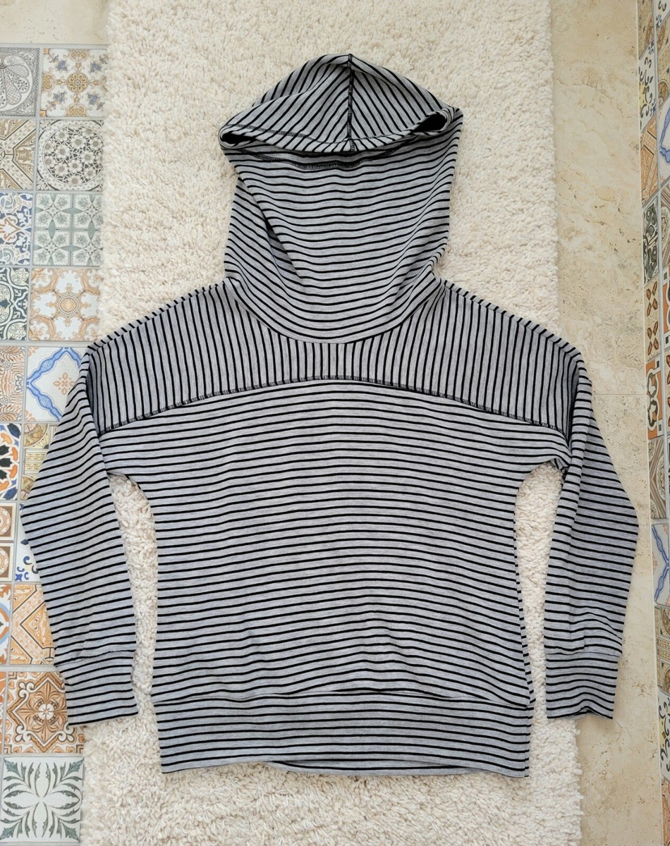 Lucy Womens Size M Athletic Gray/Black Stripe Loose Cowl Neck Hoodie  Sweatshirt
