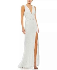 Mac Duggal White Sequin slit Sheath Gown long Dress - size 8 -retail $398