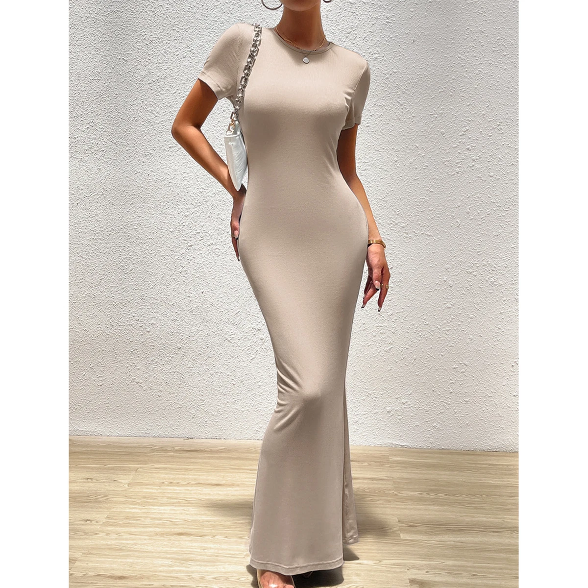 Khaki M Women Short Sleeve Bodycon Maxi Dress Crew Neck Fishtail