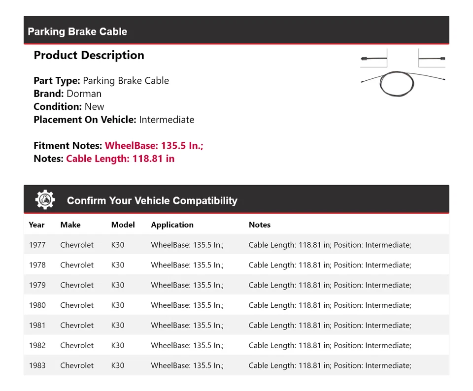 Cable de freno de estacionamiento intermedio 1978 1979 para Chevrolet K30 Dorman 1977-1983 Foto 2 de 3