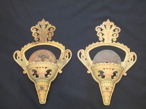 pair/2 Antique Art Deco era POLYCHROME WALL SCONCES for SLIP SHADES to rewire