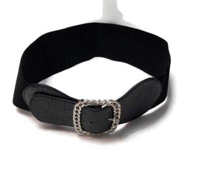 Faux Leather Fabric Stretch Belt With Silver Tone Wide Chain 