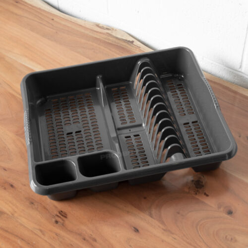 Large Dark Grey Plastic Dish Drainer Rack Tray Plate Cutlery Holder Organiser - Afbeelding 1 van 6