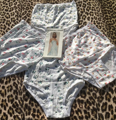 FRENCH 1960s WOMEN WHITE COTTON PANTIES & FLOWERS~ LOT OF 4 ~HIGH WAIST~UNWORN~S