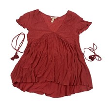 Matilda Jane Coral V-Neck Tie Back Blouse Rayon Flutter Sleeves Tassels Sz Small