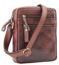 Luxury Brown Leather Unisex Cross Body Flight Bag Multi Zip Pockets Small Pouch