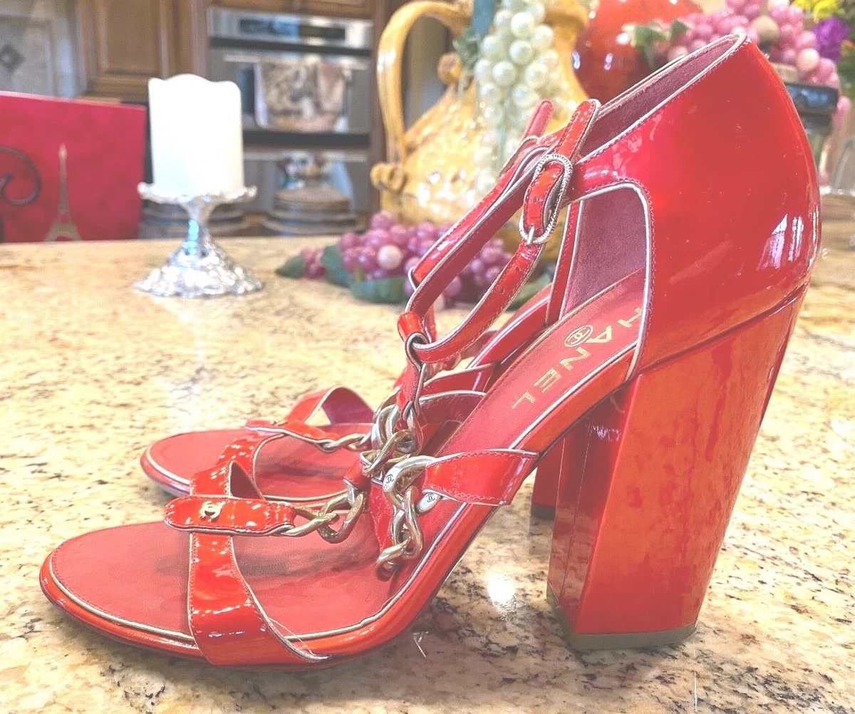 Chanel Red Patent Leather Chain Link Ankle Strap Sandals Size 40.5